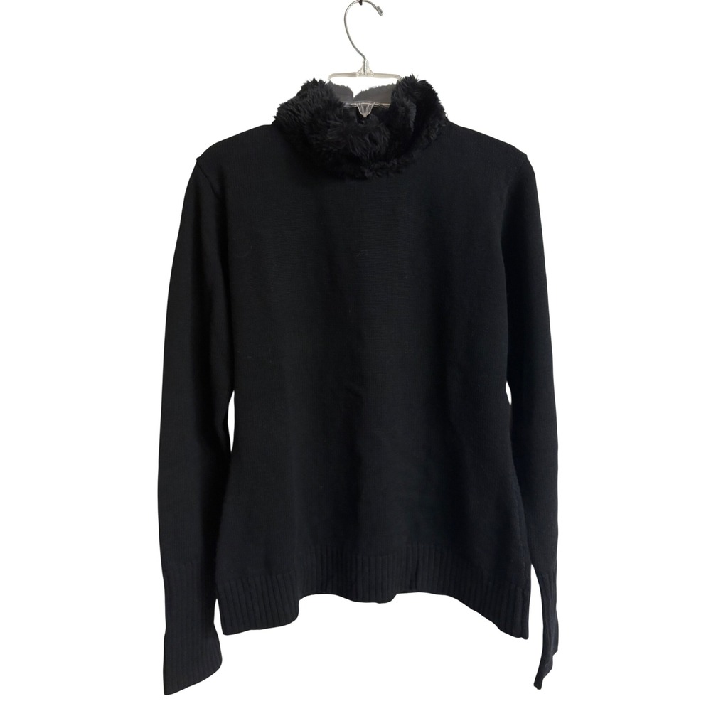 Vintage Willi Smith Collection Black 100% Merino Wool Faux Fur Collar Sweater L